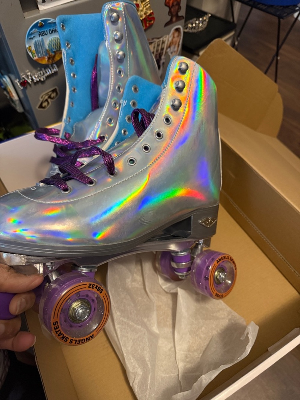 Holographic Silver Roller Skates with Purple Wheels